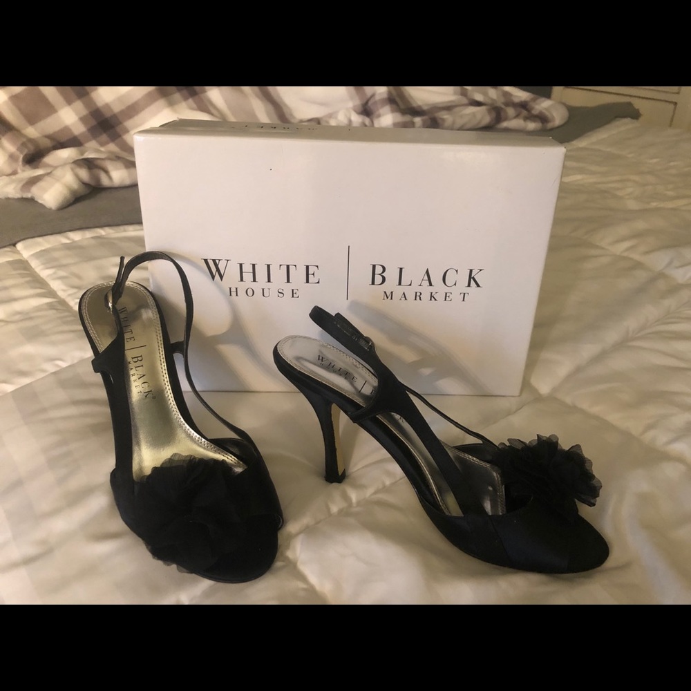 Black satin sling back heels
